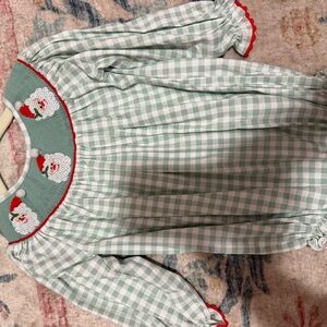 Green Gingham Dress with Santa Embroidery